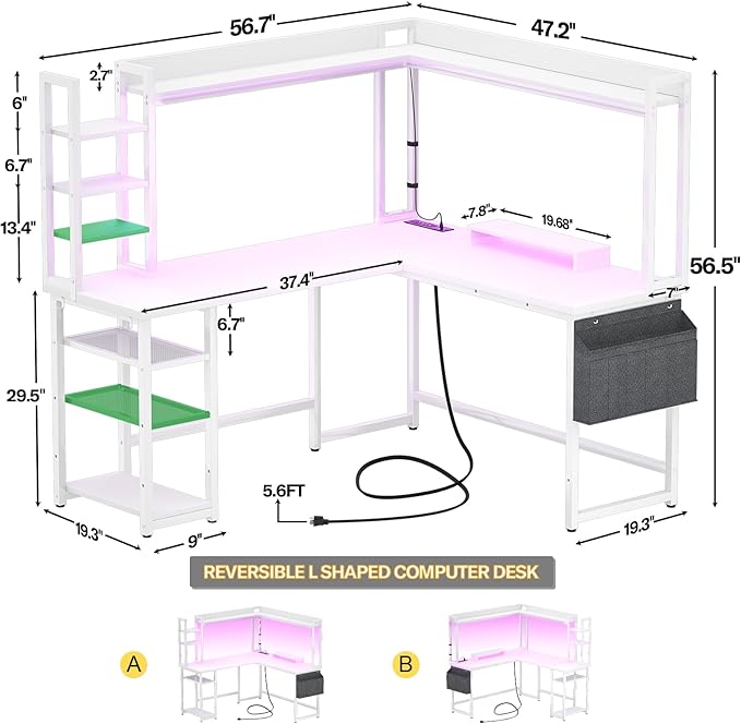 Aheaplus L Shaped Desk with Power Outlet, L Shaped Gaming Desk with Led Light & Hutch, Reversible Home Office Desk, Corner Computer Desk Writing Desk with Monitor Stand & Storage Shelves, White - LeafyLoom