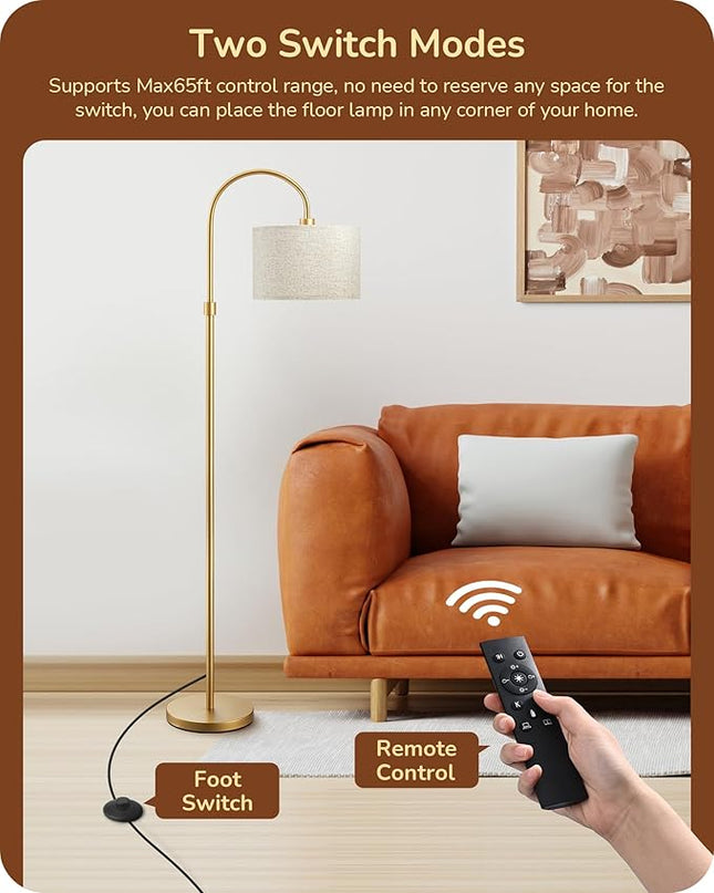 EDISHINE Modern Arc Floor Lamp with Remote, Dimmable Gold Floor Lamp, 3000K-6500K Color Temperatures, Tall Pole Reading Floor Lamps for Living Room Bedroom Office, Footswitch, LED Bulb Included - LeafyLoom