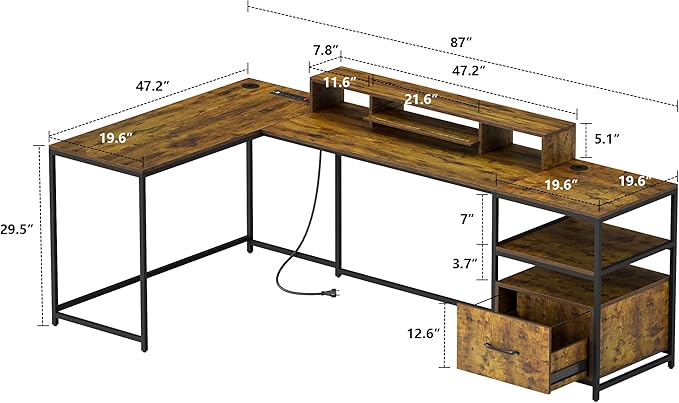 L Shaped Desk - 87" L Shaped Gaming Desk with Power Outlet & Monitor Shelf, Home Office Corner Computer Desk with Printer Shelf & File Drawer, Rustic Brown - LeafyLoom