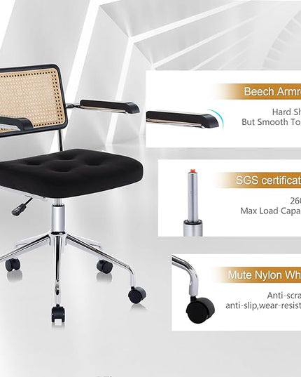 Zesthouse Modern Home Office Chair Velvet Desk Chair with Natural Rattan Back, Vanity Chair for Girls Women, Upholstered Tufted Swivel Armchair, Height Adjustable Computer Task Chair, Black - LeafyLoom