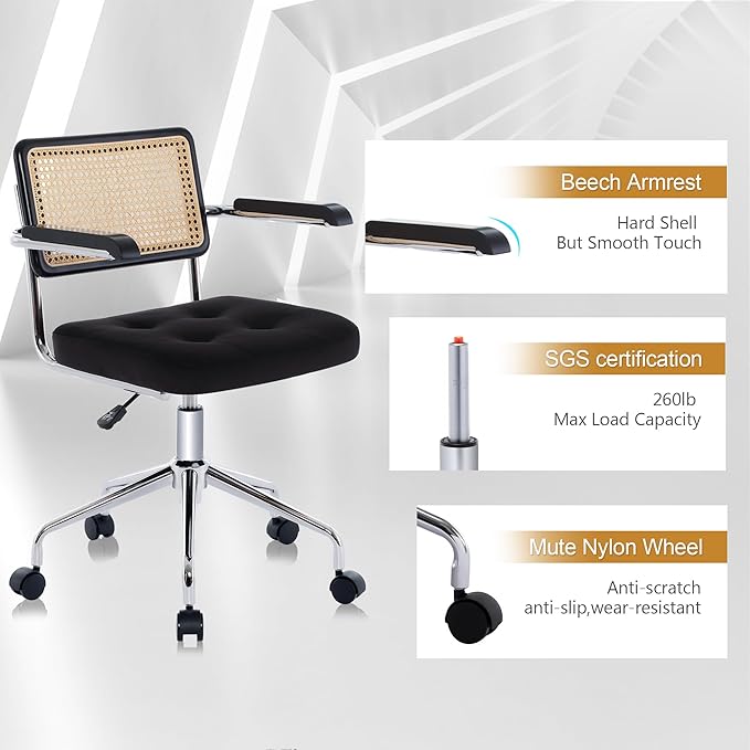 Zesthouse Modern Home Office Chair Velvet Desk Chair with Natural Rattan Back, Vanity Chair for Girls Women, Upholstered Tufted Swivel Armchair, Height Adjustable Computer Task Chair, Black - LeafyLoom