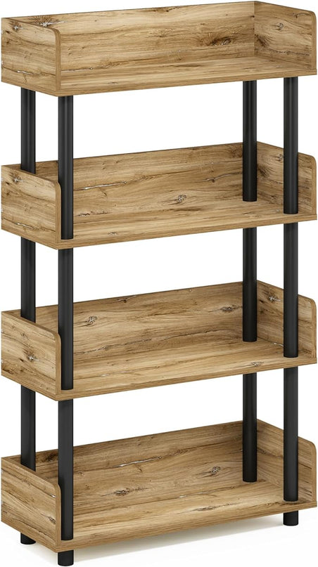 Furinno Turn-N-Tube 4-Tier Toolless Display Rack, Flagstaff Oak/Black - LeafyLoom