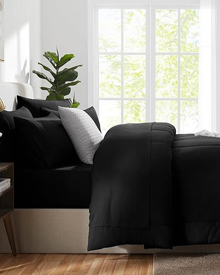 CozyLux King Size Comforter Set - 7 Pieces Bed in a Bag Set Black, King Bedding Set with All Season Quilted Comforter, Flat Sheet, Fitted Sheet, Pillowcases - LeafyLoom