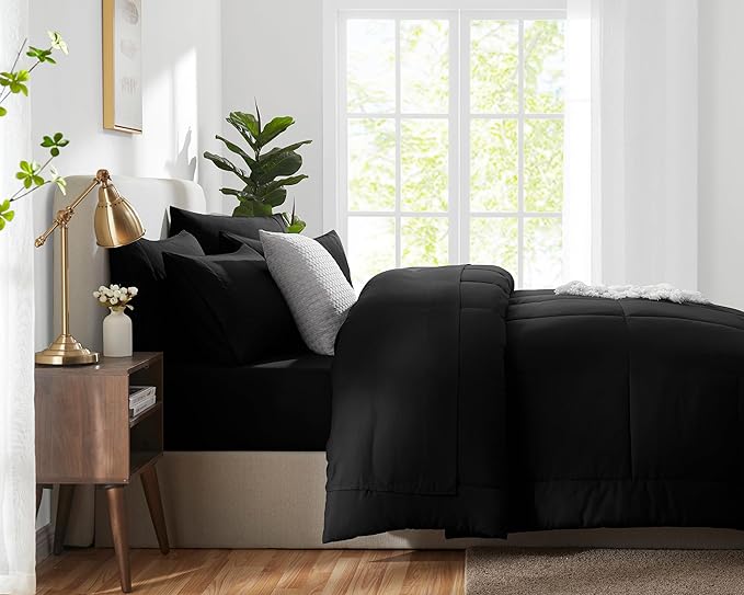 CozyLux King Size Comforter Set - 7 Pieces Bed in a Bag Set Black, King Bedding Set with All Season Quilted Comforter, Flat Sheet, Fitted Sheet, Pillowcases - LeafyLoom