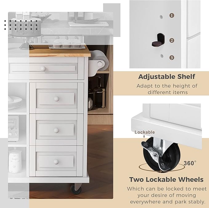 Kitchen Island with Storage on Wheels, Kitchen Island Cart w/Storage Cabinets and 5 Drawers, 2 Adjustable Shelf, Wood Countertop& Spice Rack for Dinning Room, Coffee Bar, - LeafyLoom
