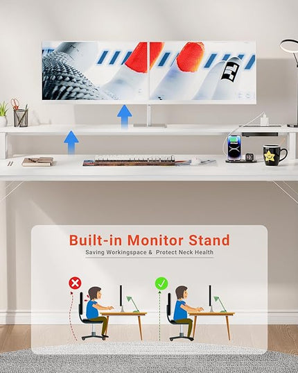 47 inch Computer Desk with Power Outlets, Gaming Desk with LED Lights, Home Office Work Desk with Monitor Shelf, Modern Office Desk Study Writing Table for Small Spaces, White - LeafyLoom