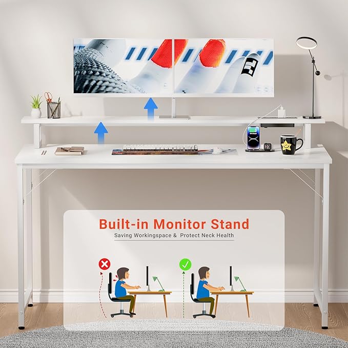 47 inch Computer Desk with Power Outlets, Gaming Desk with LED Lights, Home Office Work Desk with Monitor Shelf, Modern Office Desk Study Writing Table for Small Spaces, White - LeafyLoom