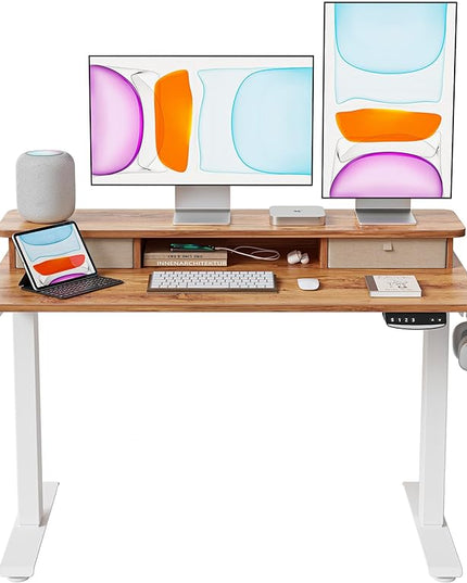 BANTI 48x24 Inch Electric Standing Desk with Double Drawers, Adjustable Height Stand Up Desk, Sit Stand Home Office Desk with Storage Shelf, Light Rustic Brown Top - LeafyLoom