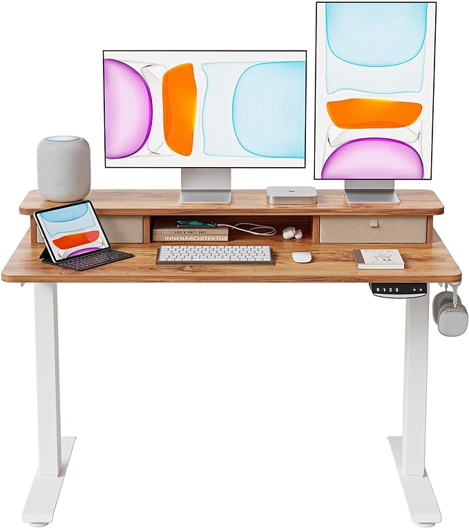 BANTI 48x24 Inch Electric Standing Desk with Double Drawers, Adjustable Height Stand Up Desk, Sit Stand Home Office Desk with Storage Shelf, Light Rustic Brown Top - LeafyLoom