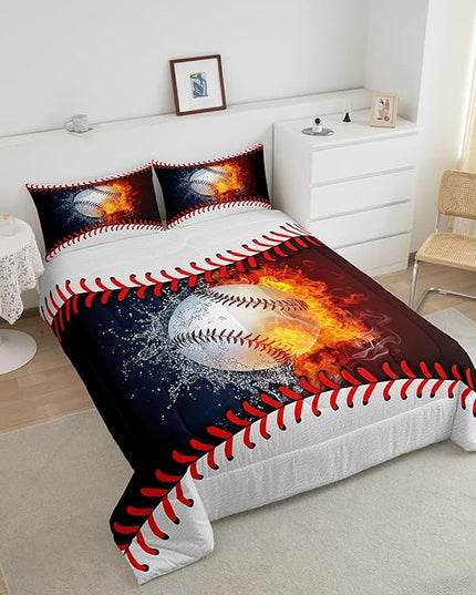 Erosebridal Baseball Comforter Set Kids Baseball Queen Bedding Set for Teen Boys Sports Games Bedding Comforter Sets Red Blue Water Fire Quilted Duvet Sport Theme Bedroom Dorm Decor 2 Pillowcases - LeafyLoom