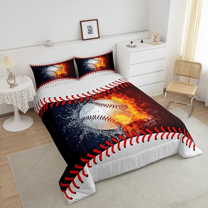Erosebridal Baseball Comforter Set Kids Baseball Queen Bedding Set for Teen Boys Sports Games Bedding Comforter Sets Red Blue Water Fire Quilted Duvet Sport Theme Bedroom Dorm Decor 2 Pillowcases - LeafyLoom