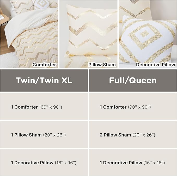 Codi Cream White and Gold Comforter Set for Full/Queen Size Bed, Cute Metallic Ivory Bed Sets, 4 Piece (2 Matching Shams + 1 Decorative Pillow) - LeafyLoom