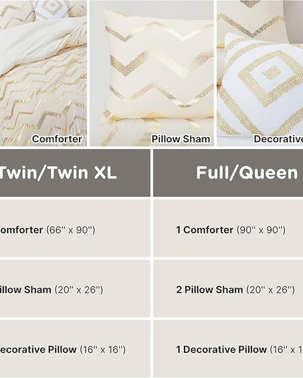 Codi Cream White and Gold Comforter Set for Twin/Twin XL Size, Cute Metallic Ivory Bed Sets, 3 Piece (1 Matching Sham + 1 Decorative Pillow) - LeafyLoom