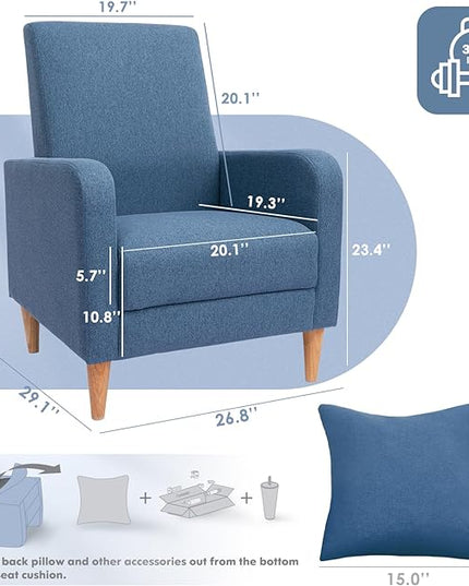COLAMY Modern Upholstered Accent Chair Armchair with Pillow, Fabric Reading Living Room Side Chair,Single Sofa with Lounge Seat and Wood Legs, Blue - LeafyLoom