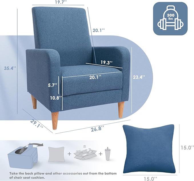 COLAMY Modern Upholstered Accent Chair Armchair with Pillow, Fabric Reading Living Room Side Chair,Single Sofa with Lounge Seat and Wood Legs, Blue - LeafyLoom