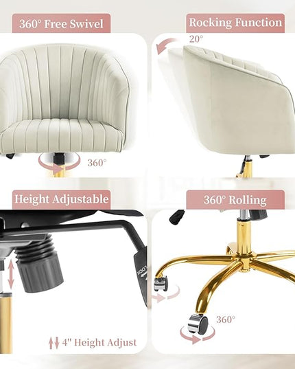 Velvet Office Desk Chair, Modern Home Office Chair with Swivel Gold Base, Comfy Vanity Desk Chair with Upholstered Back, Height Adjustable Computer Desk Chair for Home Office Bedroom Study, Ivory - LeafyLoom