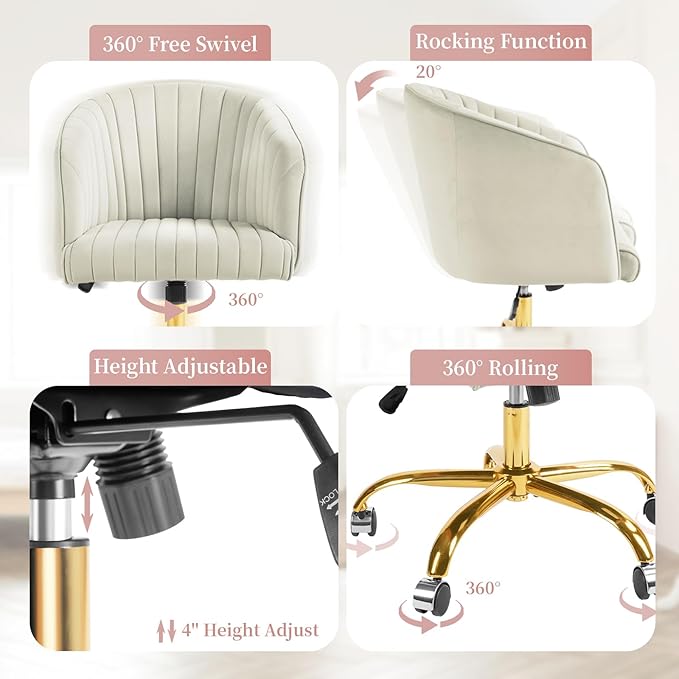 Velvet Office Desk Chair, Modern Home Office Chair with Swivel Gold Base, Comfy Vanity Desk Chair with Upholstered Back, Height Adjustable Computer Desk Chair for Home Office Bedroom Study, Ivory - LeafyLoom