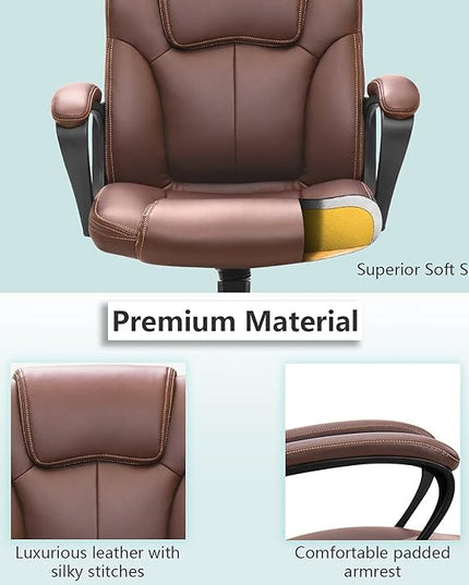 Executive Office Chair Swivel Task Seat with Ergonomic Mid-Back, Waist Support, PU Leather, 18D x 19W x 41H in, Brown - LeafyLoom