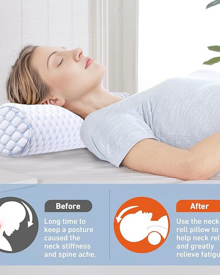 Neck Roll Pillow - Cooling Neck Roll Pillow for Sleeping - Cervical Neck Roll Pillow for Neck Support - Memory Foam Memory Foam Round Cylinder Bolster Pillow for Bed, Couch, Yoga (Blue) - LeafyLoom