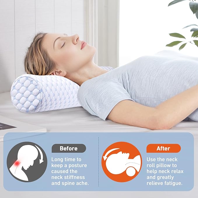 Neck Roll Pillow - Cooling Neck Roll Pillow for Sleeping - Cervical Neck Roll Pillow for Neck Support - Memory Foam Memory Foam Round Cylinder Bolster Pillow for Bed, Couch, Yoga (Blue) - LeafyLoom