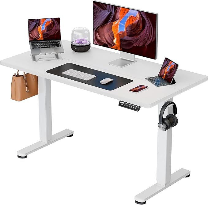 ErGear Height Adjustable Electric Standing Desk, 44 x 24 Inches Small Sit Stand up Desk, Memory Computer Home Office Desk (White) - LeafyLoom