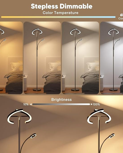 Upgraded RGBCW Floor Lamp with Ring Reading Lamp, Rotatable Remote Control LED Standing Lamp Dimmable Floor Light Modern Standing Light for Living Room Bedroom Home Office, 32W, Black - LeafyLoom