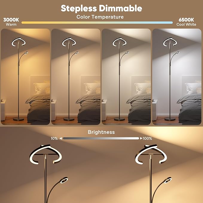 Upgraded RGBCW Floor Lamp with Ring Reading Lamp, Rotatable Remote Control LED Standing Lamp Dimmable Floor Light Modern Standing Light for Living Room Bedroom Home Office, 32W, Black - LeafyLoom