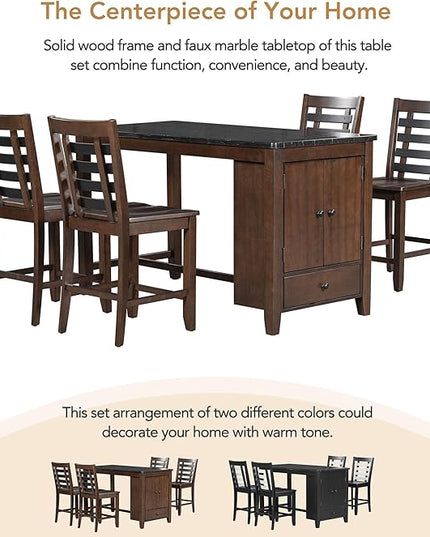 NicBex Dining Room Table Set for 4 Kitchen Table and Chairs Counter Height 5-Piece Dining Table Set with Faux Marble Tabletop, Solid Wood Table Set with Storage Cabinet and Drawer, Walnut - LeafyLoom