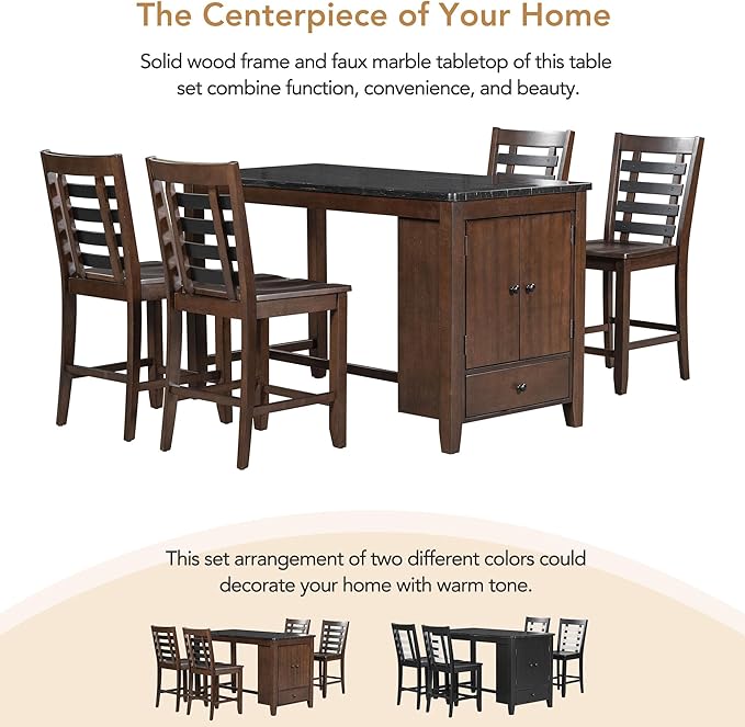 NicBex Dining Room Table Set for 4 Kitchen Table and Chairs Counter Height 5-Piece Dining Table Set with Faux Marble Tabletop, Solid Wood Table Set with Storage Cabinet and Drawer, Walnut - LeafyLoom