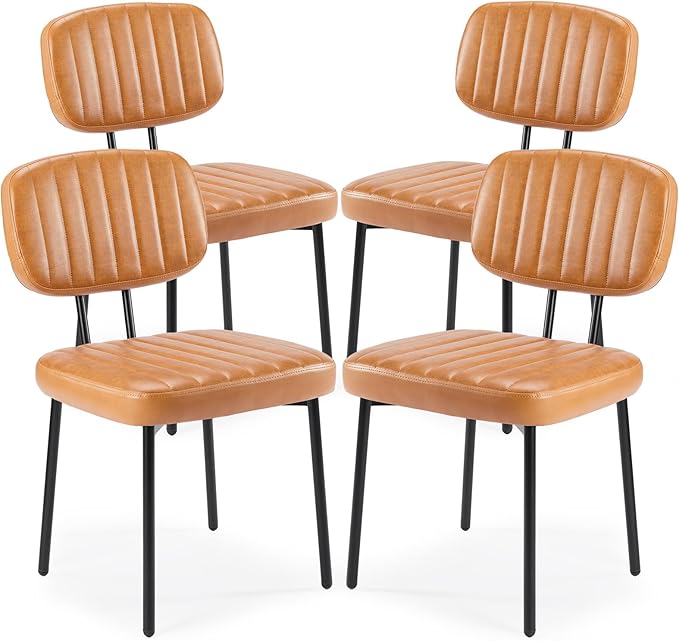 Sweetcrispy Dining Chairs Set of 4, Upholstered Mid Century Modern Kitchen Dining Room Accent Chairs with Faux Leather Cushion Seat & Metal Legs for Kitchen, Living Room - Brown - LeafyLoom