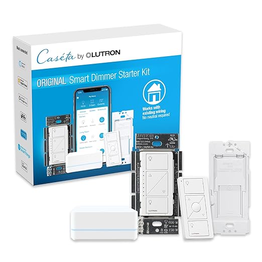 Lutron Caseta Original Smart Dimmer Switch Kit w/ Hub, with Pico Remote, Wallmount Bracket, & Smart Hub, Works with Alexa, Apple Home, Google Home, 3 Way, 150W, No Neutral Req, P-BDG-PKG1W-A Lutron