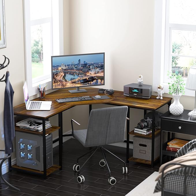 Elephance L-Shaped Desk with Shelves, Computer Corner Desk, Home Office Writing Workstation, Gaming Desk PC Laptop Table with Storage - LeafyLoom