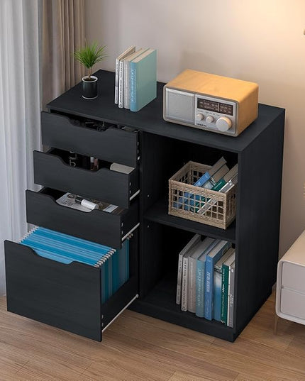 4 Drawers Lateral File Cabinet, Wood Filing Cabinet, Printer Stand with Open Storage Shelves for Home Office, 6 Compartments, Black - LeafyLoom