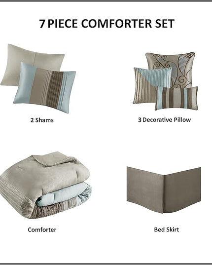Madison Park Amherst Faux Silk Comforter Set-Casual Contemporary Design All Season Down Alternative Bedding, Matching Shams, Bedskirt, Decorative Pillows, King(104"x92"), Blue, 7 Piece (MP10-043) - LeafyLoom