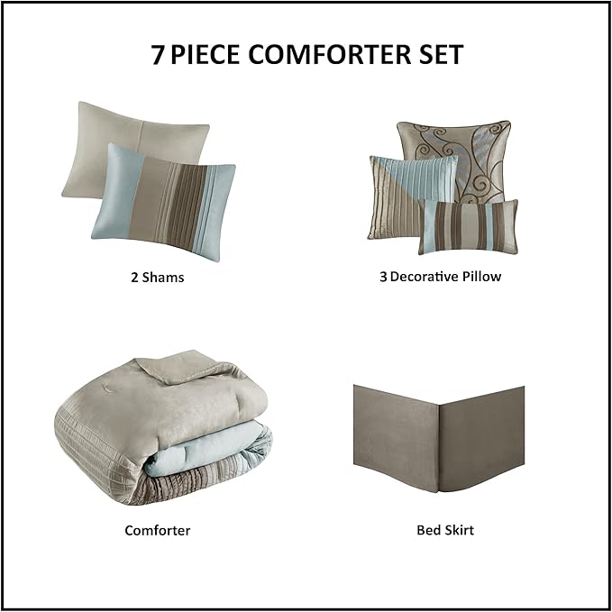 Madison Park Amherst Faux Silk Comforter Set-Casual Contemporary Design All Season Down Alternative Bedding, Matching Shams, Bedskirt, Decorative Pillows, King(104"x92"), Blue, 7 Piece (MP10-043) - LeafyLoom