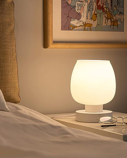Touch Bedside Table Lamp Set of 2 - Small Modern Nightstand Lamp for Bedroom with USB C+A Charging Ports, 3-Way Dimable Desk lamp with White Opal Glass Lamp Shade, 3000K LED Bulb, Simple Design - LeafyLoom