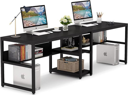 Tribesigns Two Person Desk with Bookshelf, 78.7 Computer Office Double Desk for Two Person, Rustic Writing Desk Workstation with Shelf for Home Office (Black) - LeafyLoom