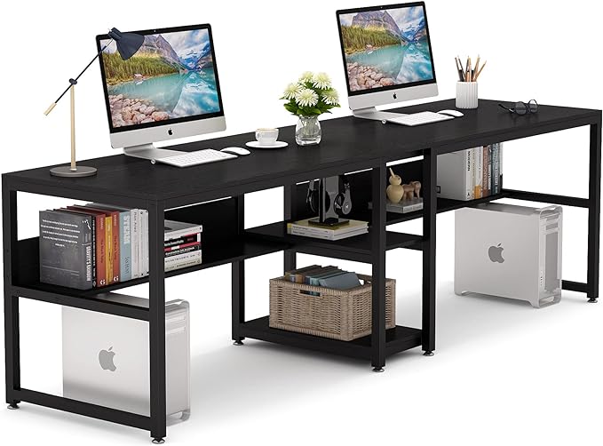 Tribesigns Two Person Desk with Bookshelf, 78.7 Computer Office Double Desk for Two Person, Rustic Writing Desk Workstation with Shelf for Home Office (Black) - LeafyLoom
