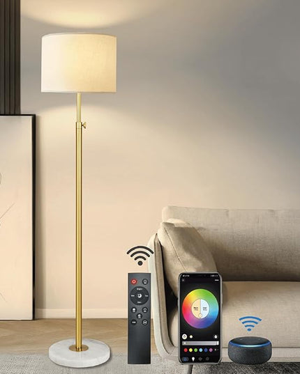Gold Floor Lamp for Living Room with Remote Control, Marble Base 1200 Lumens 15W Adjustable Height Modern Floor Lamp Standing Lamp for Bedroom, Smart Control Alexa & Google Assistance Compatible - LeafyLoom