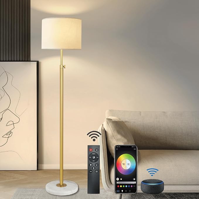 Gold Floor Lamp for Living Room with Remote Control, Marble Base 1200 Lumens 15W Adjustable Height Modern Floor Lamp Standing Lamp for Bedroom, Smart Control Alexa & Google Assistance Compatible - LeafyLoom