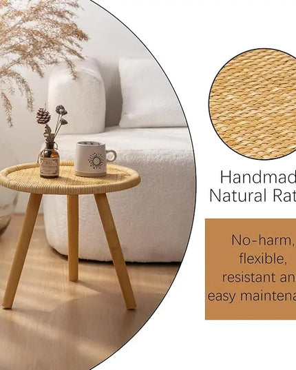 Rattan Round Coffee Table, Boho Circle Side Table End Table for Living Room, Small Mid Century Accent Table for Bedroom Balcony - LeafyLoom