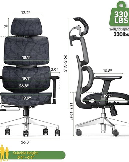 Office Chair Ergonomic Desk Chair, ALL-Mesh High Back Home Office Chair Lumbar Support, Reclining Gaming Chair Adjustable Armrests Headrest, Big and Tall Swivel Computer Chair 330LBS (Black) - LeafyLoom