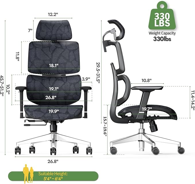 Office Chair Ergonomic Desk Chair, ALL-Mesh High Back Home Office Chair Lumbar Support, Reclining Gaming Chair Adjustable Armrests Headrest, Big and Tall Swivel Computer Chair 330LBS (Black) - LeafyLoom