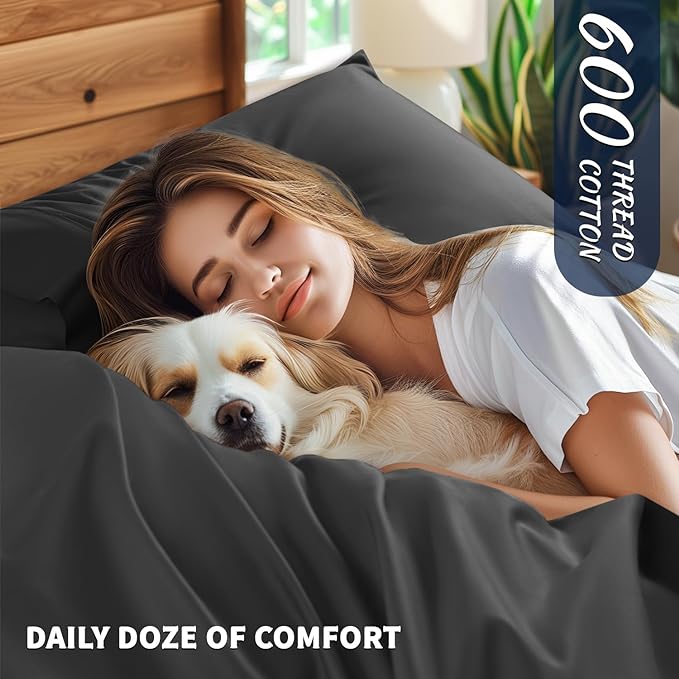 Shilucheng 100% Cotton Sheets Set - 600 Thread Count，Luxury Egyptian Cotton Bed Sheets，5-Star Hotel Quality Sheets, Breathable & Cooling, 16 Inch Deep Pocket - 4 Piece (Black, Full) - LeafyLoom
