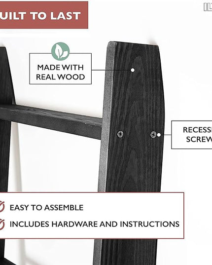 Ilyapa Blanket Ladder for The Living-Room - Rustic Decorative Quilt Ladder with Folding Construction for Easy Storage, Black Weathered Wood, Blanket Ladders for The Living Room, Bathroom - LeafyLoom