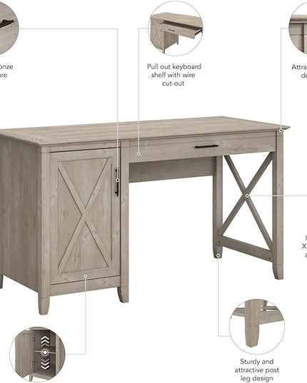 Bush Furniture Key West Computer Desk with Storage | Farmhouse PC Table for Home Office in Washed Gray | 54W x 24D - LeafyLoom