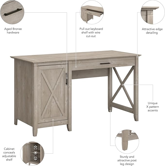 Bush Furniture Key West Computer Desk with Storage | Farmhouse PC Table for Home Office in Washed Gray | 54W x 24D - LeafyLoom