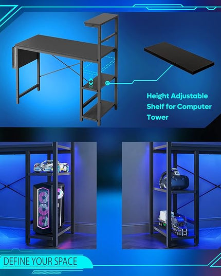Bestier Gaming Desk with LED Lights, 44 Inch PC Gamer Desk for Small Spaces, Computer Desk with Reversible Storage Shelves & Side Storage Bag (Black Grained) - LeafyLoom