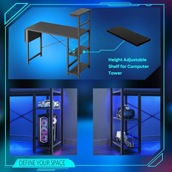Bestier Gaming Desk with LED Lights, 44 Inch PC Gamer Desk for Small Spaces, Computer Desk with Reversible Storage Shelves & Side Storage Bag (Black Grained) - LeafyLoom