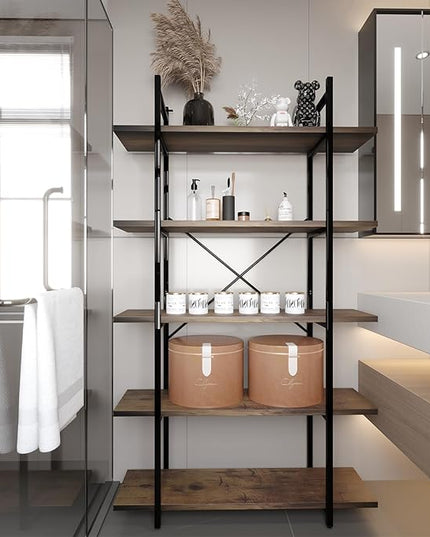 5 Tiers Bookshelf Organizer Industrial shelf,Modern Open Display Storage Bookcase,Rustic Brown and Metal Bookshelf Standing Storage Shelf Tall Shelving Units for Home Office Study. - LeafyLoom